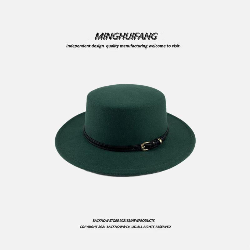 Autumn and winter British European and American style belt buckle flat top top top hat men's and women's wide brim sunshade retro woolen black ja
