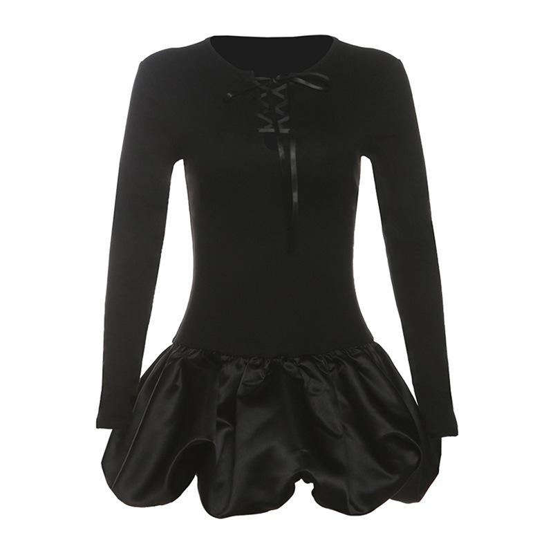 

Осеннее женское темпераментное сексуальное кружевное платье с цветочными бутонами, короткая юбка, длинные рукава, облегающее платье L чёрный