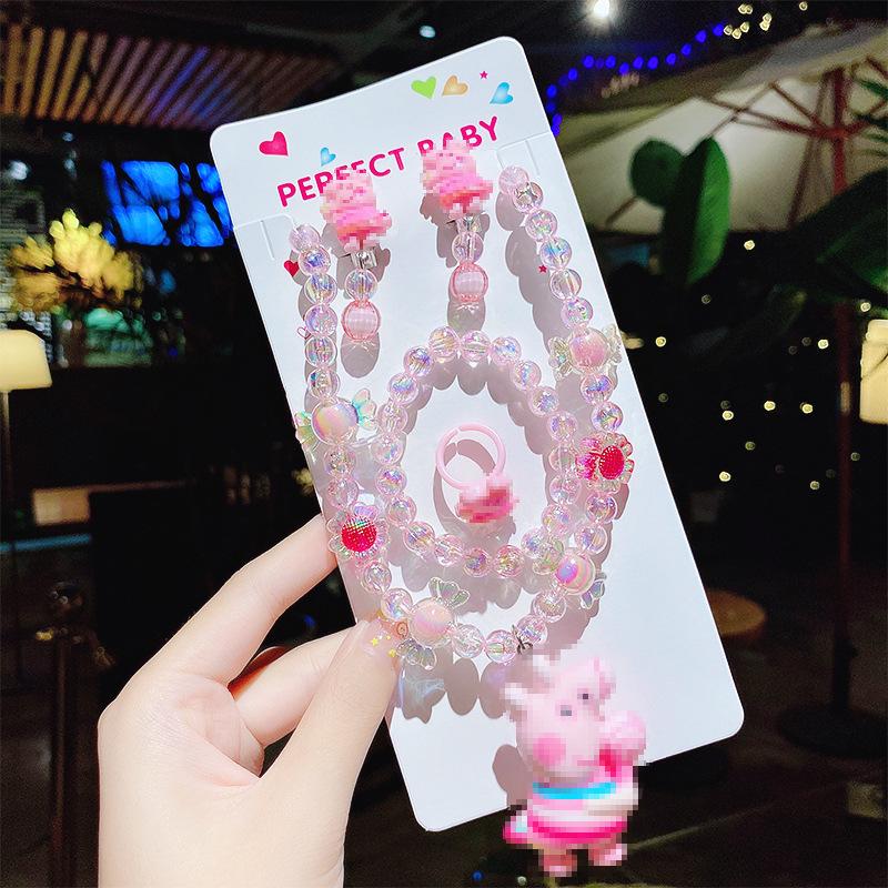 Princess Cartoon Jewelry Set for Girls: Necklace, Ring, Bracelet with Luminous Crystal Beads