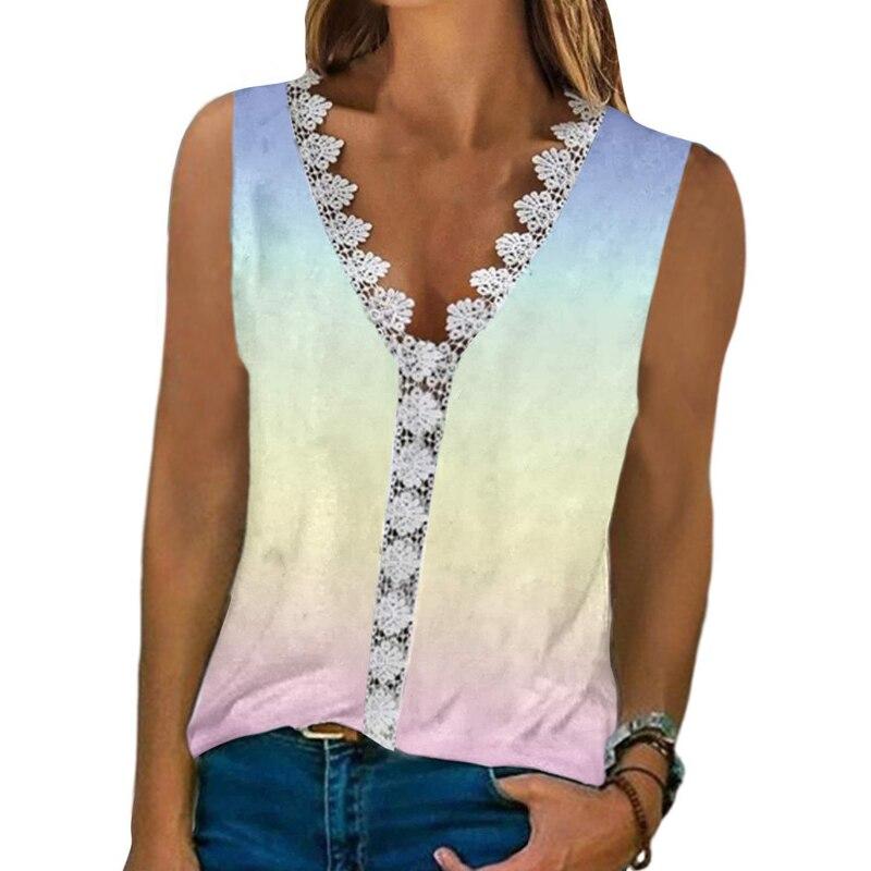 Výstřih do V Krajka Květinový potisk Letní halenky Ženy 2023 Košile Bez rukávů Neformální košile Topy Dámská Móda Elegantní Tričko Dámské Oblečení 24858