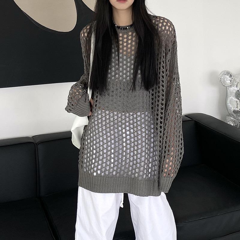 Damen Unifarbenes Hohlstrick-Shirt Frühling und Sommer Lockerer Sonnenschutz Klimaanlagen-Shirt Top