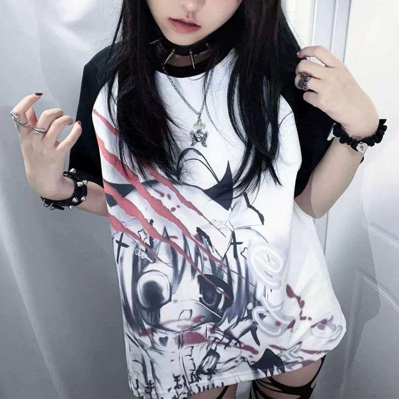 

Fragmented Novel Harajuku Niche Japanese Anime Raglan Sleeve T-Shirt Subculture Loose Print Half-Sleeve Black S