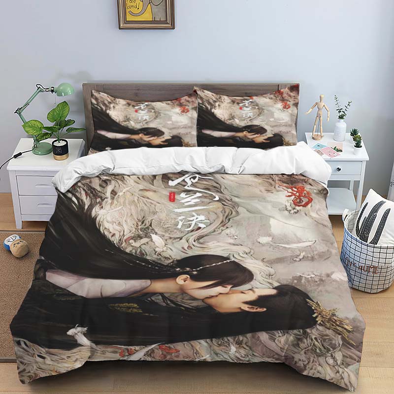 Ancient Chinese fantasy couple print bedding set, three-piece set, duvet cover and pillowcase set, dormitory single and double b
