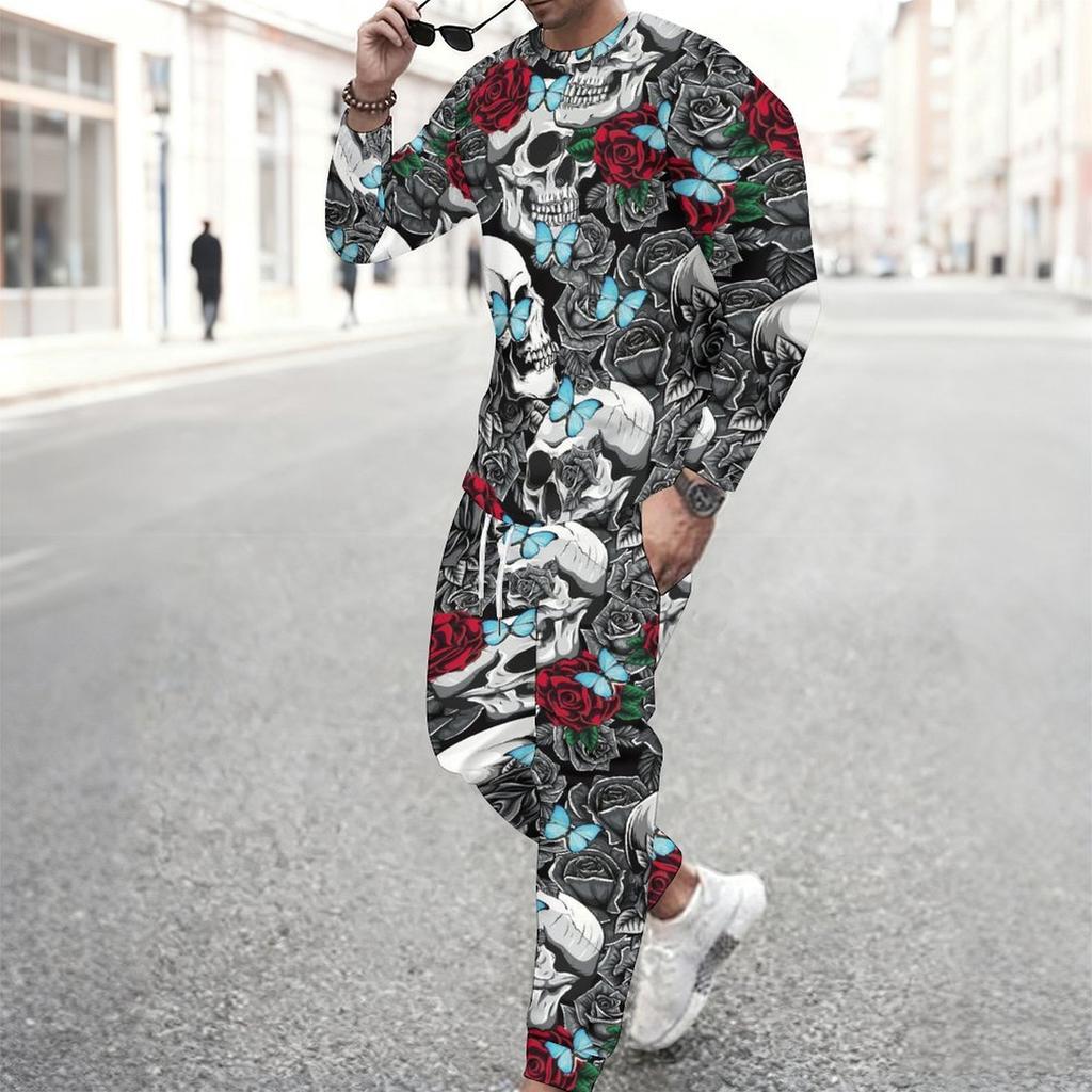 Men Vintage Green Background Skull Blue Butterfly Leaf Print Long Sleeve Sweatshirt Jogger Pants Two Piece Suit