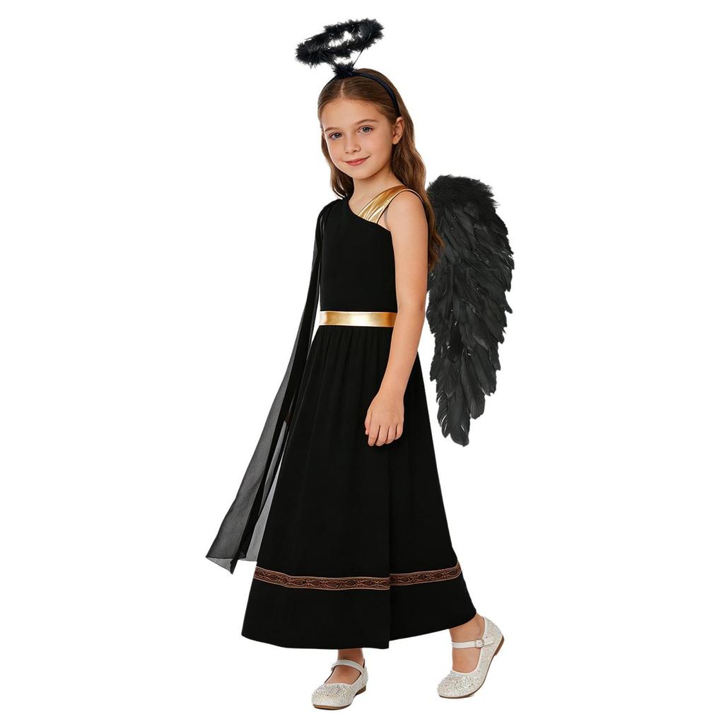 Girls 3 Pieces Greek God Roman Costume Outfit Metallic Gloss Patchwork Sleeveless Dress with Feather Angel Wings and Hair Hoop Cosplay Stage
