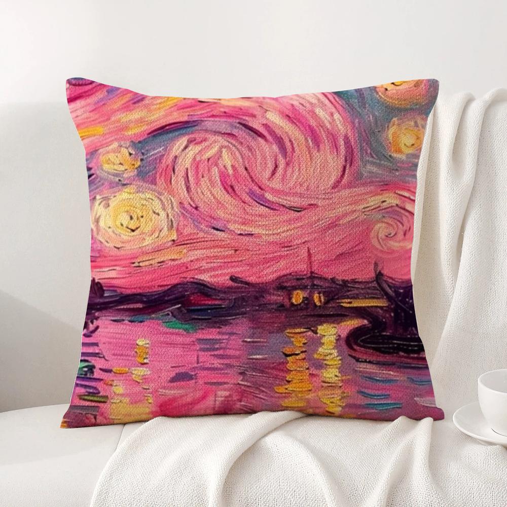 Color Van Goghs Starry Night Cushion Cover Natural Linen Organic Fabric DoubleSided Printing Sofa Home Decor Breathable