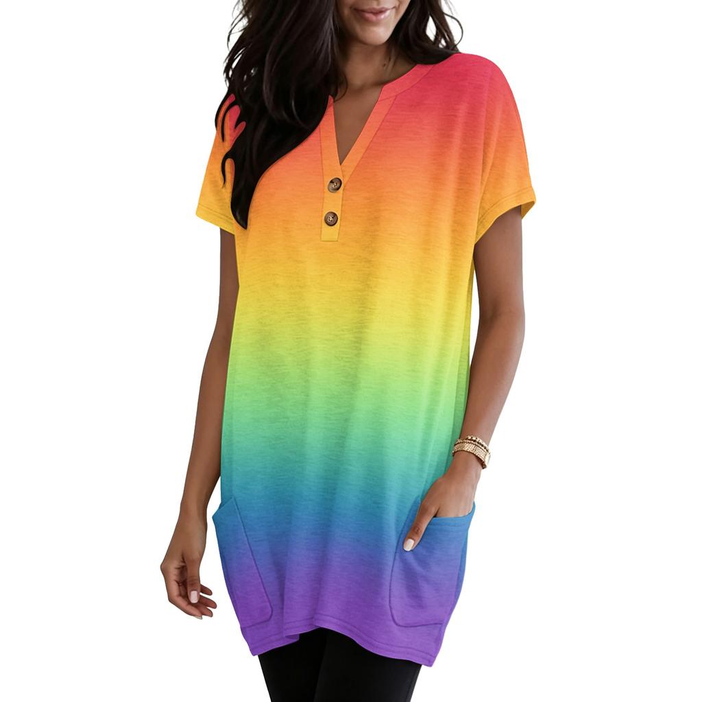 Women's V-Neck Gradient Print Short Sleeve Blouse with Pocket - Casual Pullover Top for Everyday Wear