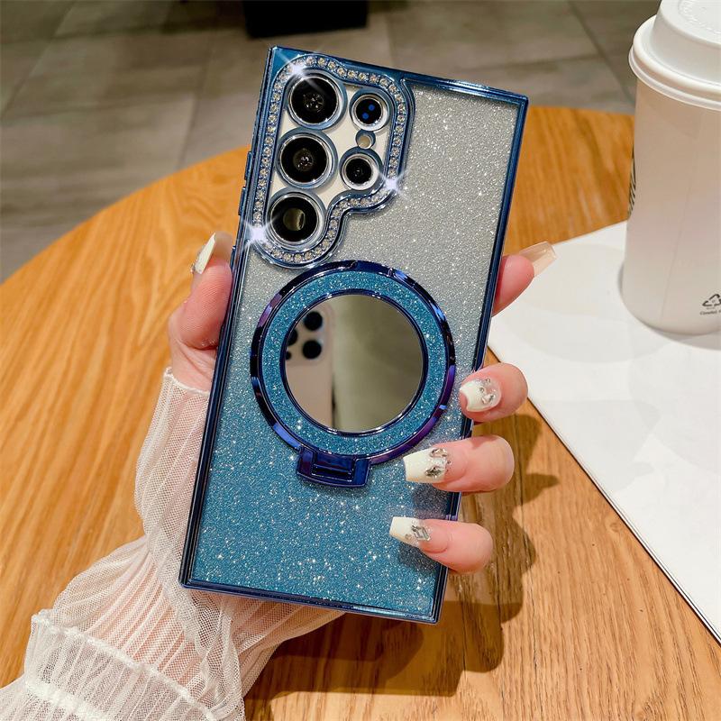Applicable to Samsung S26Ultra mobile phone case, rhinestone glitter powder, magnetic mirror bracket S25 anti-drop soft case A56