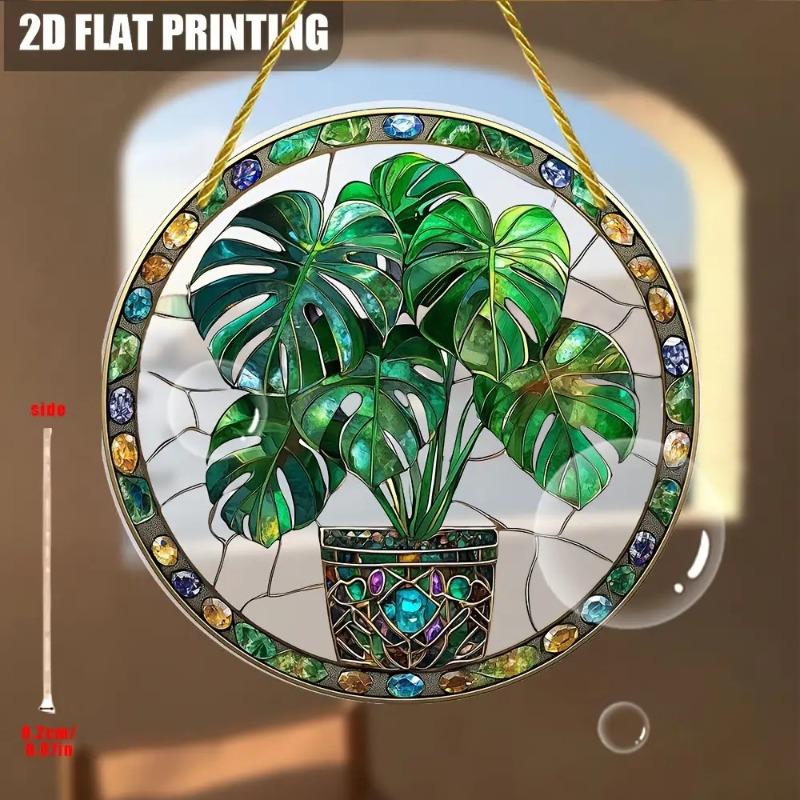 2D Flat Acrylic Colorful Monstera Leaf Acrylic Sun Catcher - Stained Glass Style Design with Green Leaves and Floral Accents, Home Decor