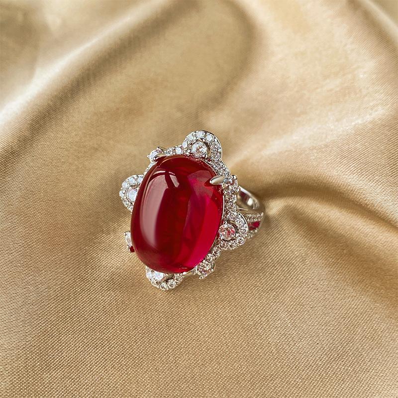 Jewelry Copper Bottom Gold-Plated Ice Seed Fluorescence Simulation Red Corundum Temperament Set 13 * 18-10 * 12