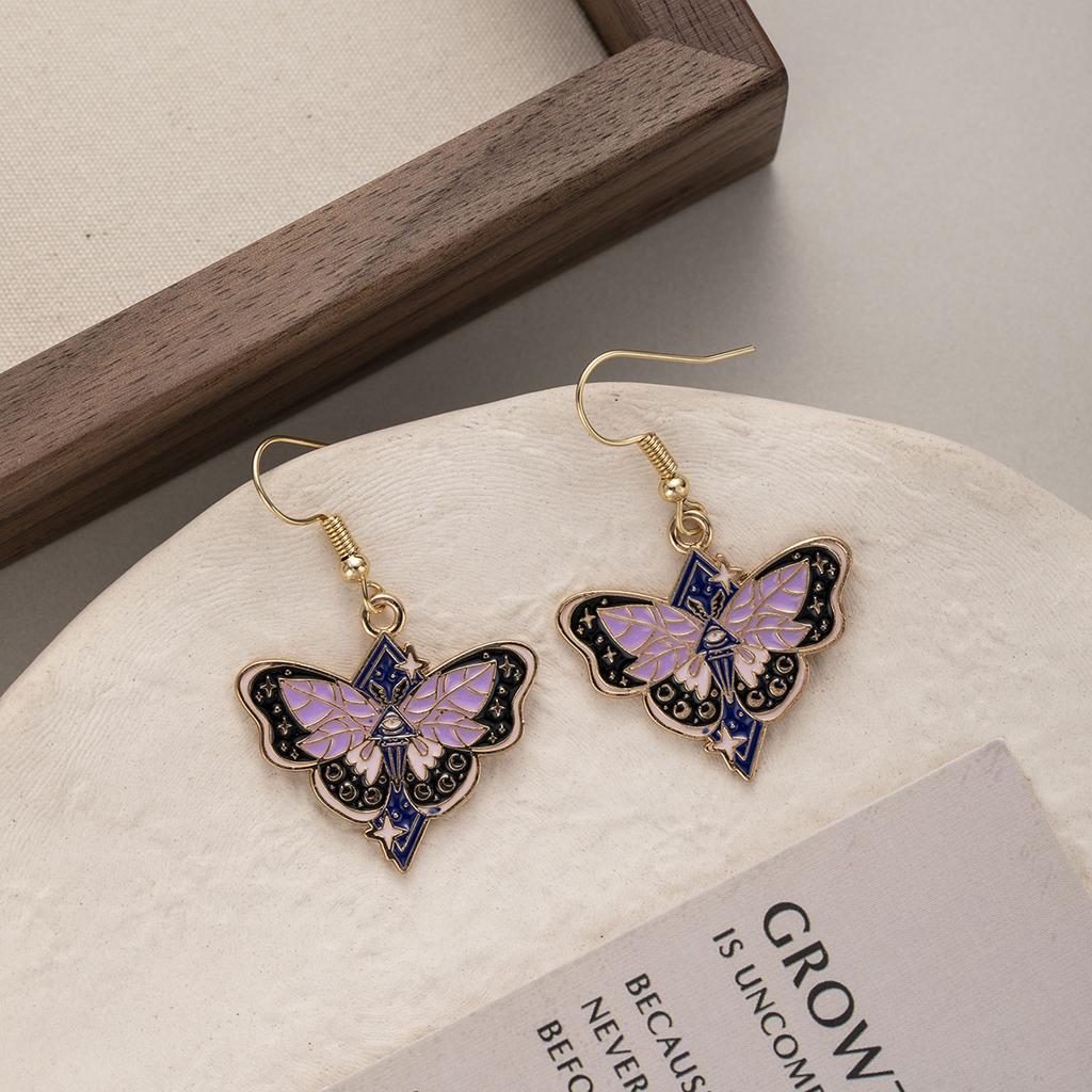 Dark Wind Oil Butterfly Earrings, Creative Design Sense Alloy Star Moon Moth Ear Hook Earrings Women
