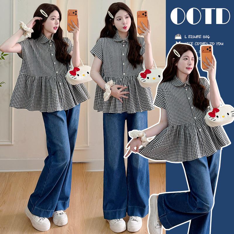 2026 Retro Plaid Short-Sleeve Maternity Top - Loose Fit XL
