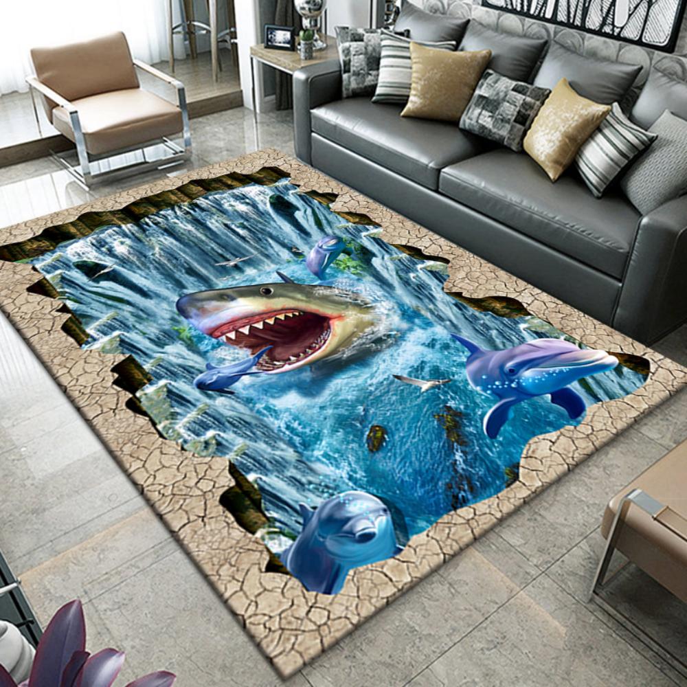 Creative Ocean 3D Dolphin Cave Lava Carpet for Living Room Decor Sofa Rug Kid's Play Mat Bedroom Bedside Soft Rug Doormat