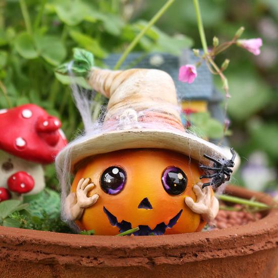 Halloween Pumpkin Ornament Spooky Resin Pumpkin Statue with Hat Spider Skull for Halloween Home Tabletop Decor