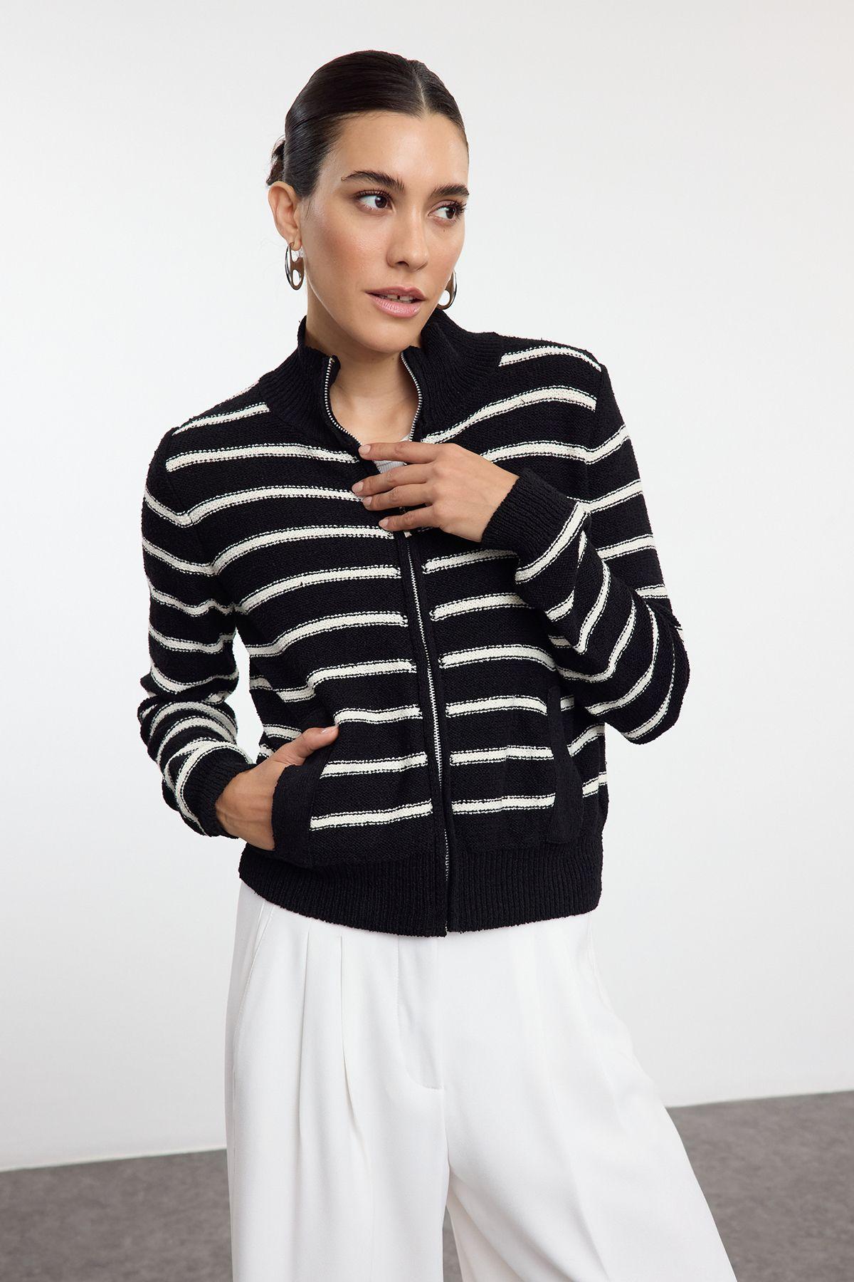 

Women s Elegance Style Cardigan Black Striped High Collar Knitwear Cardigan S