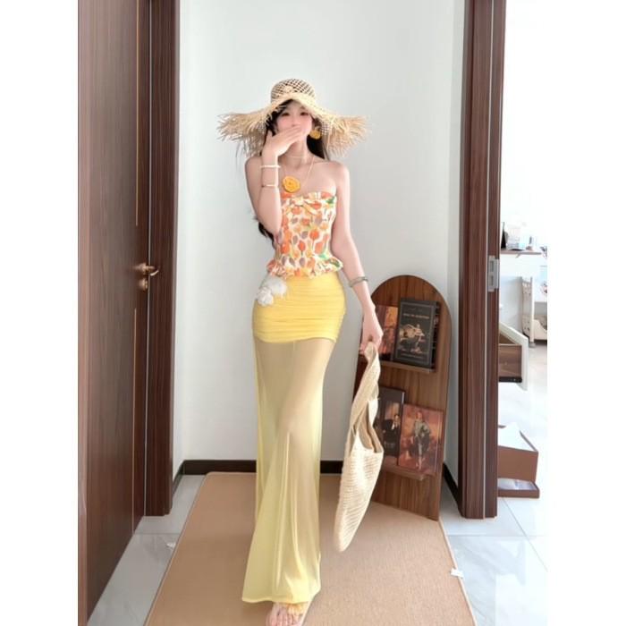 

Yellow Print Bandeau Top & Mesh Skirt Set for Women - Summer Vacation Style XS