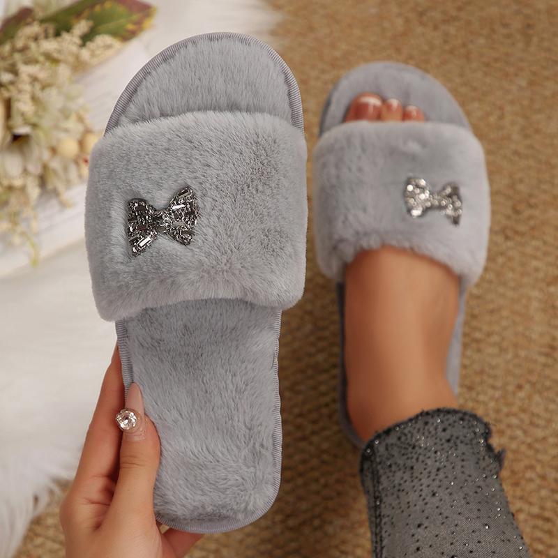 Móda Módní Mašle Detor Plyšové Pantofle Dámské Měkké Huňaté Domácí Bavlněné Pantofle Žena Otevřená Špička Protiskluzové Bavlněné Nazouváky Dámské