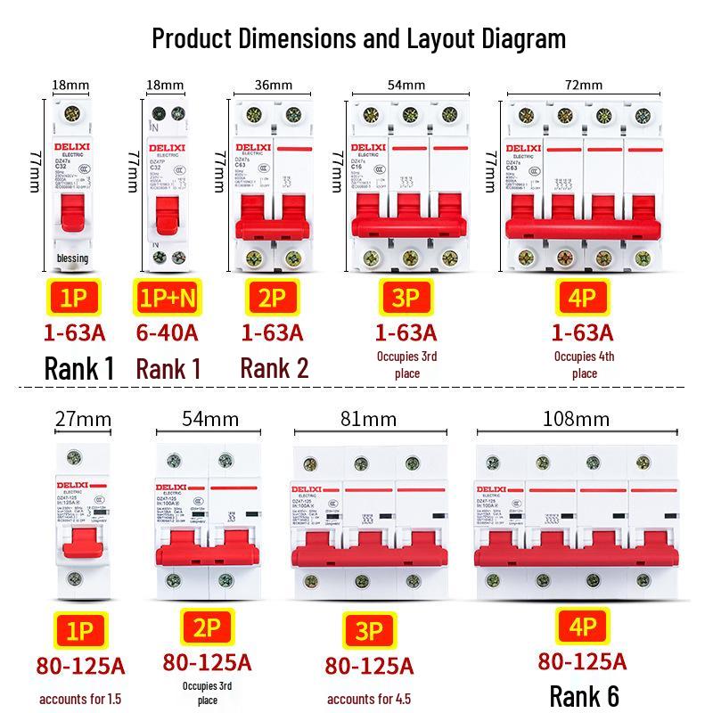 Delixi DZ47 Miniature Circuit Breaker: 1P/2P/3P/4P, 220V Single-Phase To 380V Three-Phase Air Switch for Household Use.