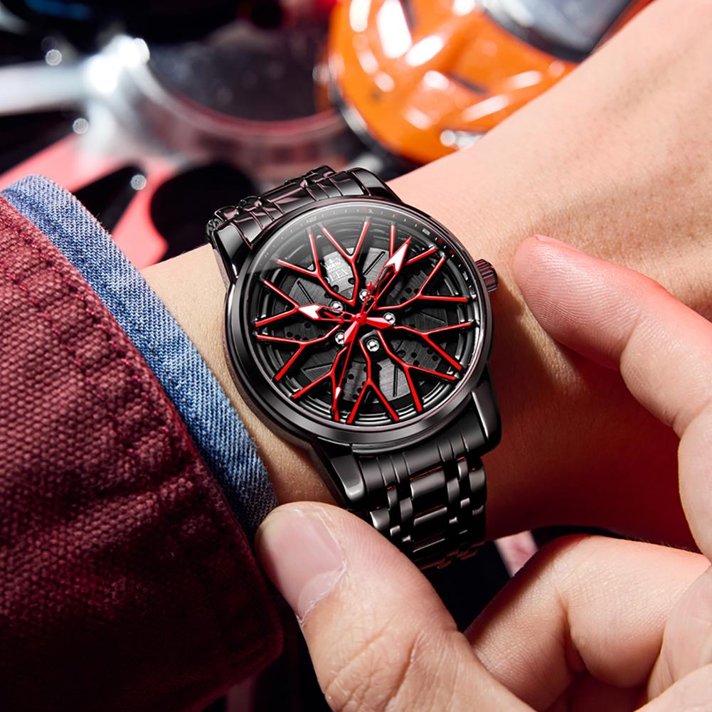 OLEVS Wheel Hub Dial Design Man Wristwatch Black Stainless Steel Men Watch Waterproof High Quality Men's Military Quartz Watches