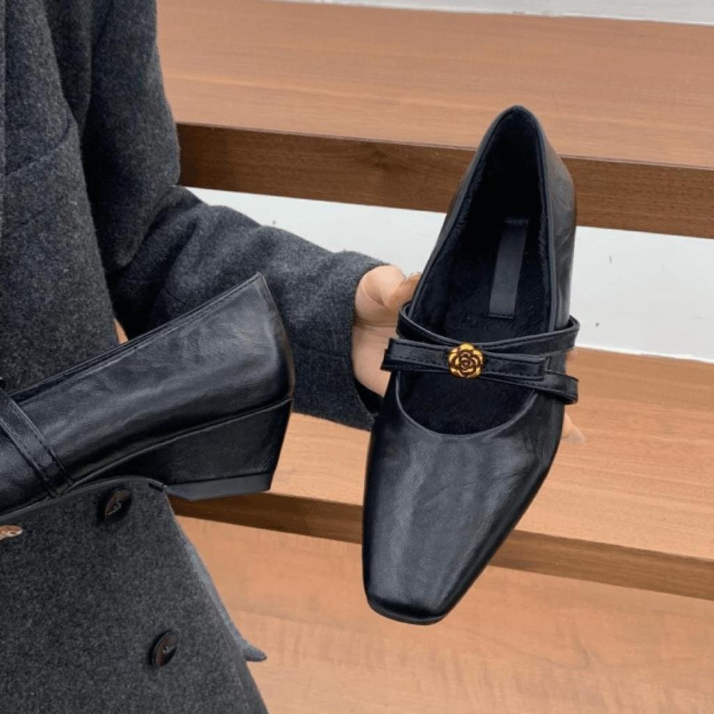 Black Fluffy Shoes Thick Heel Camellia Mary Jane Retro Small Leather Shoes Small Velvet Single Shoes Women's Cotton