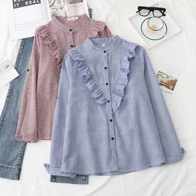 Spring Autumn Women Vintage Stand Collar Cotton Shirt Ruffles Full Sleeve Loose Blouse Casual Office Wear