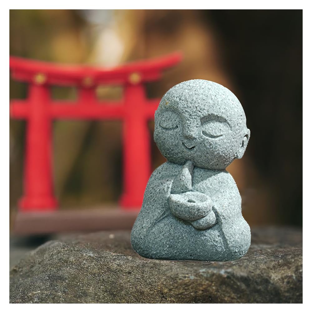 Jizo Statue Set: Soothing and Cute Small Figurine with Handheld Incense, Made of Granite (Mikage), Perfect for EntrywayGarden Decor, Waterproof, God
