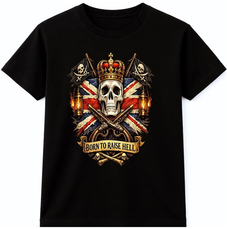 Skull Union Jack Pirate Biker T Shirt Crown Vintage Graphic Tee Mens XXL