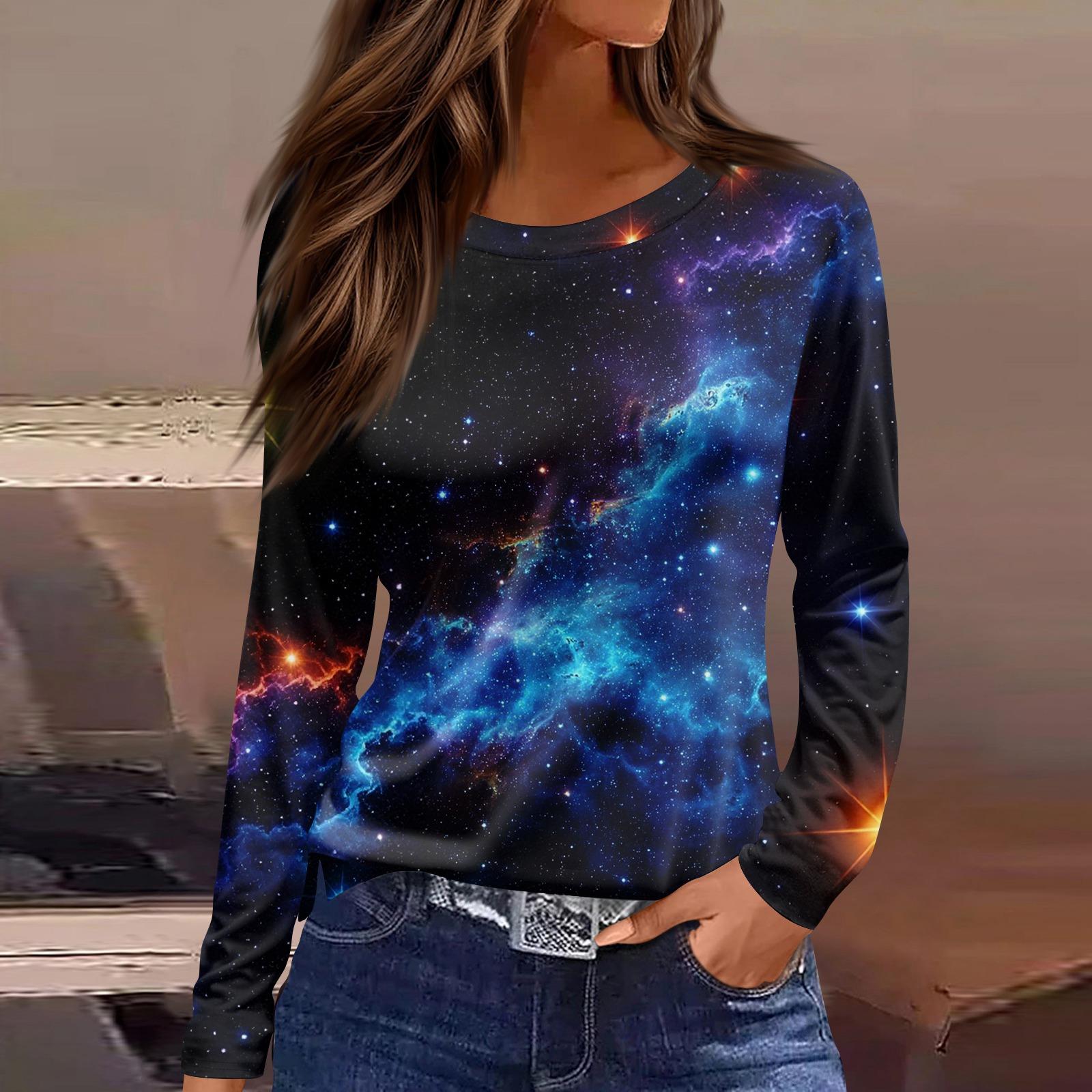 

Женская модная повседневная свободная футболка с принтом и круглым вырезом с разрезом и длинным рукавом, женский топ M синий