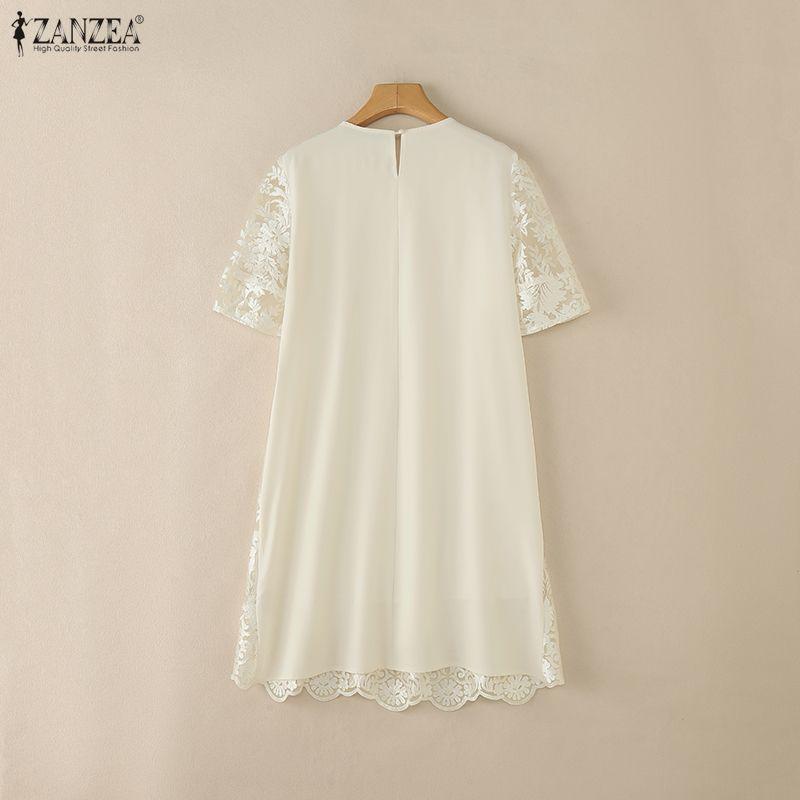 ZANZEA Women Casual Round Neck Lace Patchwork Short Sleeve Dress