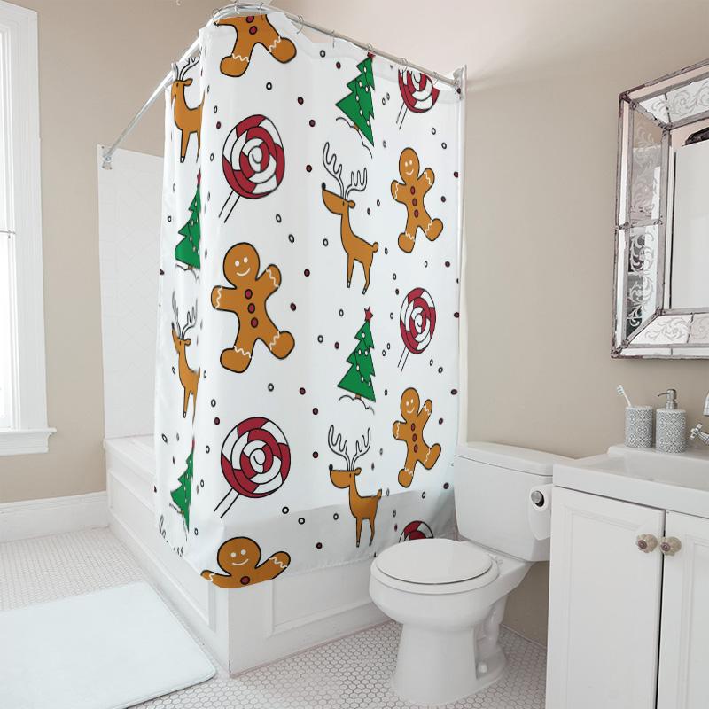 TU Cartoon Christmas Shower Curtain Cute Holiday Festive Bathroom Decor Holiday Decor Xmas Pattern Waterproof Fabric
