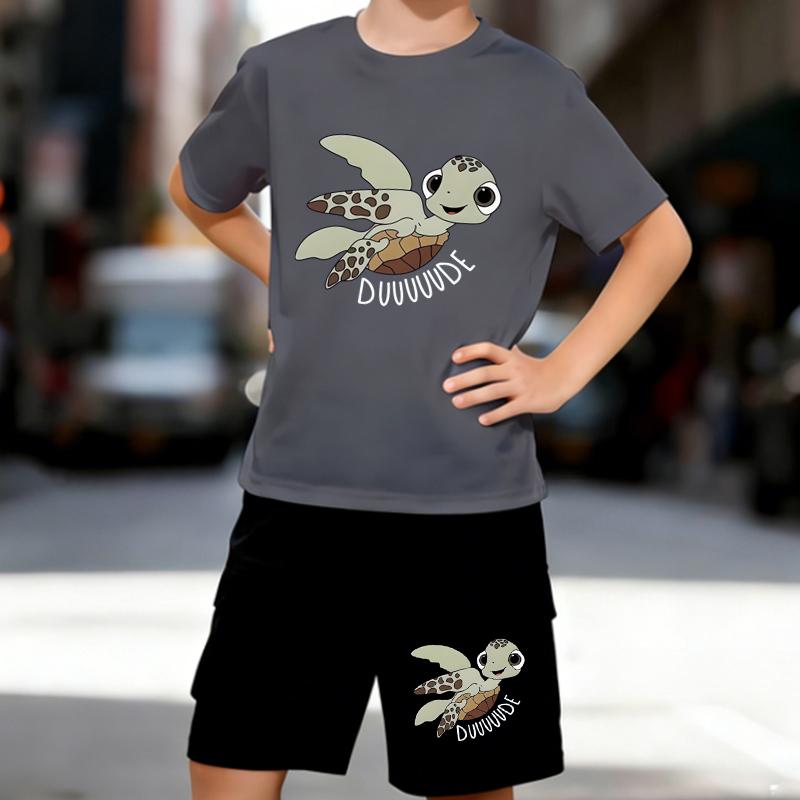 Boys 2 Piece Cartoon Turtle Print Outfit, Short Sleeve T-Shirt and Shorts Set for Kids Age 5-14,Black and White Sporty Casual Summer Clothes