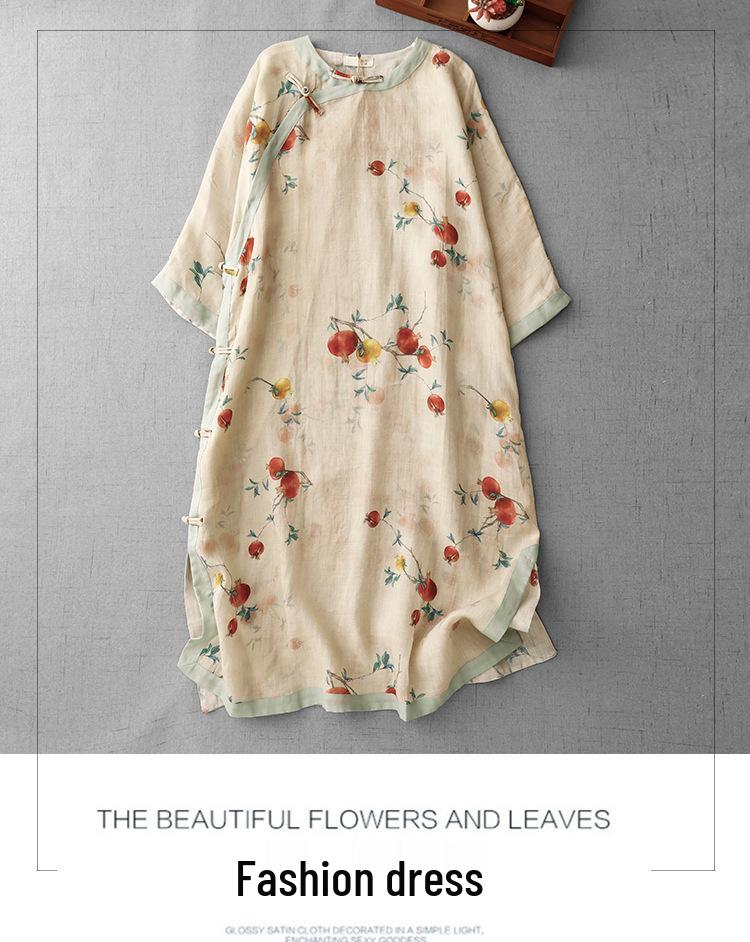 Blue Pomegranate Print Cotton Linen Tea Dress with Frog Buttons