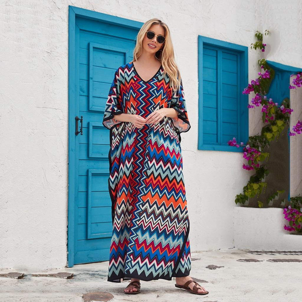 7-Color Cross-border Large Size V-neck Dress Beach Blouse Loose Vacation Dress Bikini Blouse 3897