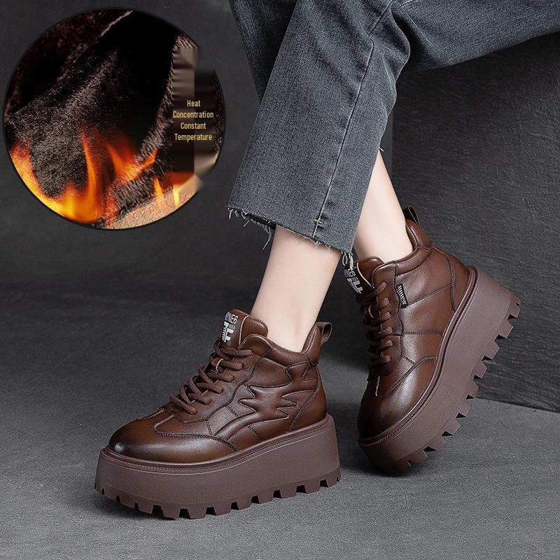 Damen Retro High-Top Schuhe mit Fleecefutter, dicker Sohle und Schnürung