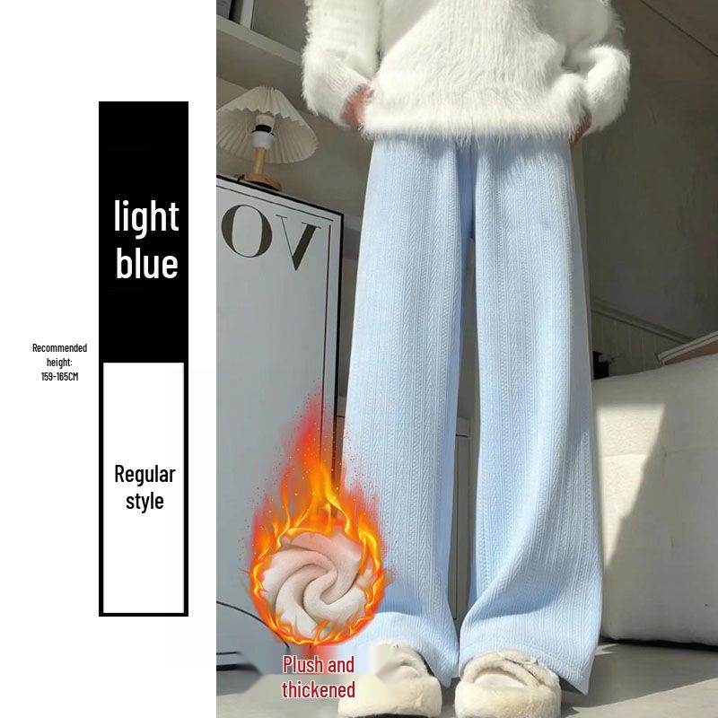 Blue Chenille High-Waisted Wide-Leg Pants - Women s Autumn/Winter Cotton Casual Plus Velvet Pants L