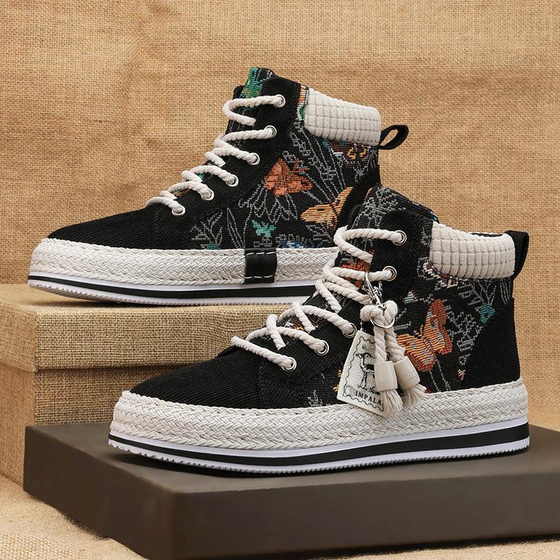 High-top Canvas Men's Shoes Autumn and Winter Breathable Corduroy Lasagna Linen Shoes Sports and Leisure Heightening Board Shoes Trendy Shoes