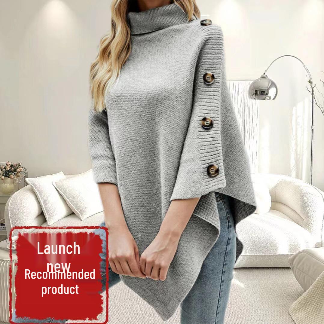 

Новый осенне-зимний свитер-пальто для женщин с высоким воротником, однотонный плащ-шаль с разрезами, вязаный трикотаж One Size (Fits 90-150 cm) серый