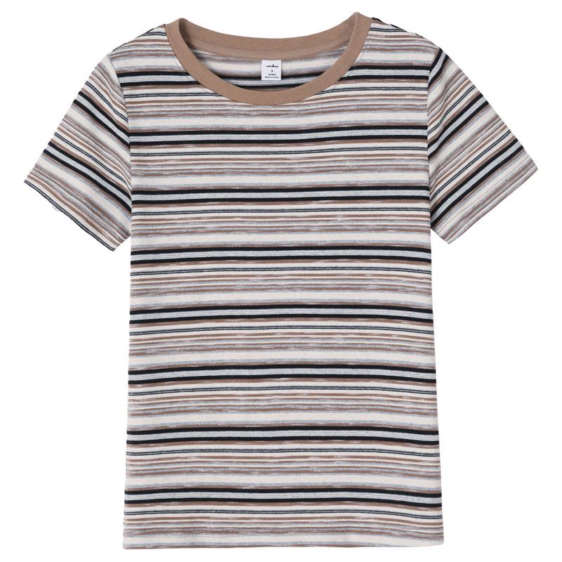 Women's Striped Short-Sleeve Round Neck Loose T-Shirt, Casual Color Block Plus Size, Japanese & Korean Style