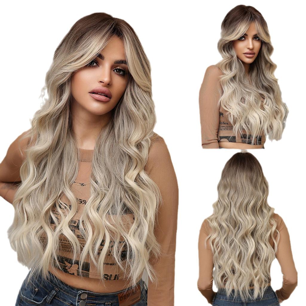 Wigs, Qi Bangs Big Waves Long Curly Hair Gradual Change Brown High Temperature Silk Chemical Fiber Wig Headgear