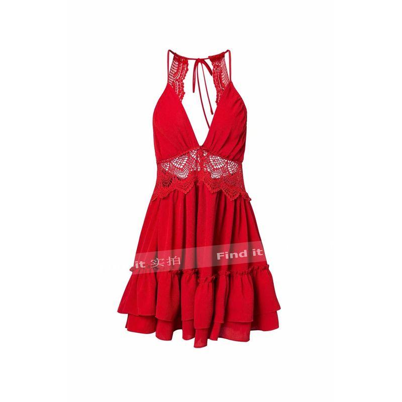 

European and American Sexy Open Back Waist Cutout Sling Dress Red L