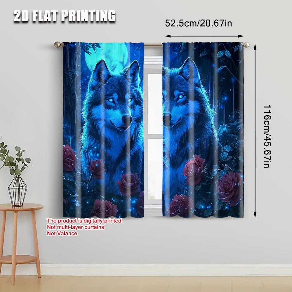 2pcs   Popular Curtain Panels 2D plane printing Mystical Wolf & Blue Roses Polyester (without rod) Decorations For Home for Home
