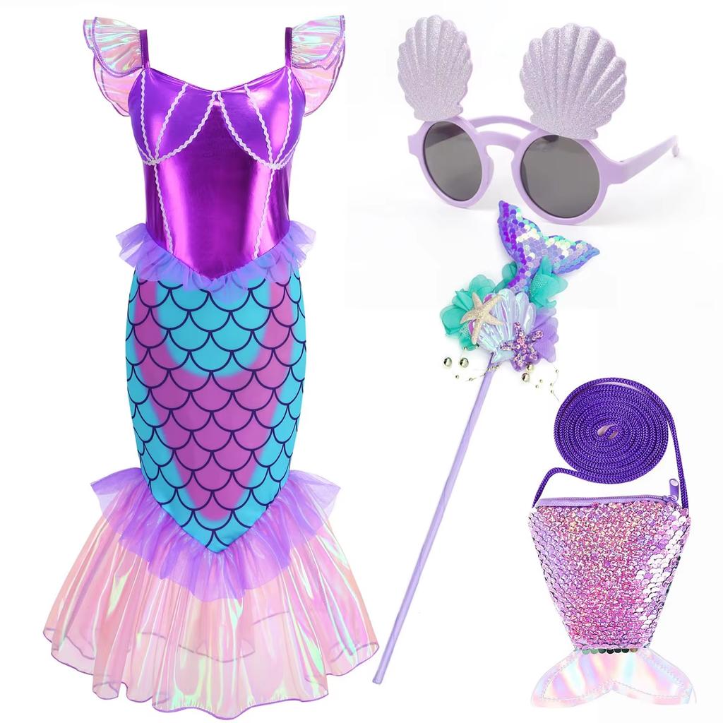 New Mermaid Dress For Girls Halloween Party Girl Cosplay Purple Ariel Mermaid Dress + Accessories Set 3-10 Years