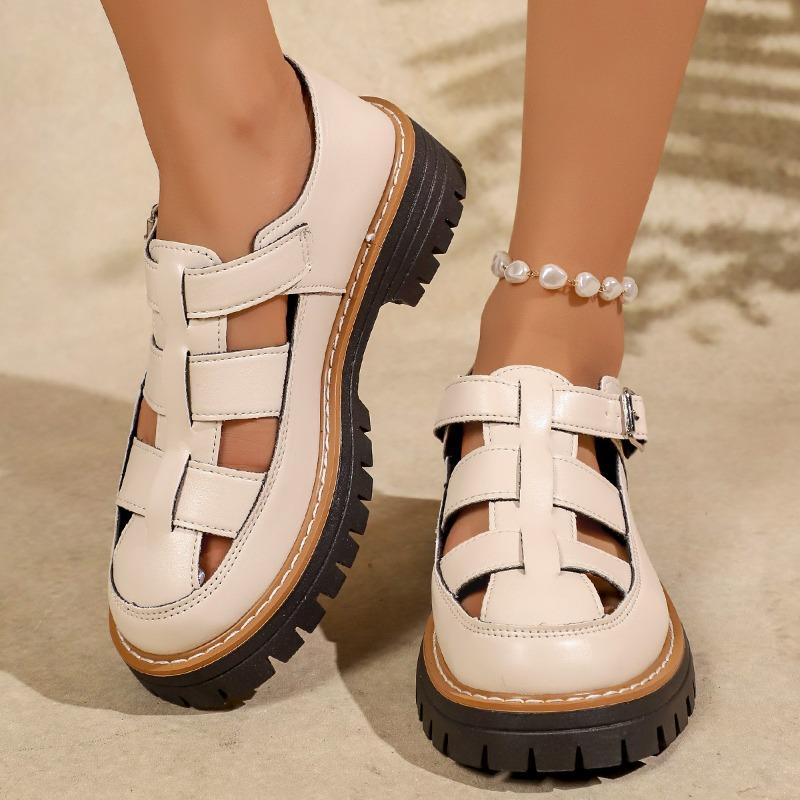 Women's Breathable Hollow Thick-Soled Loafers With Buckle Detail, Fashionable Comfortable Footwear, Available In Large Sizes.