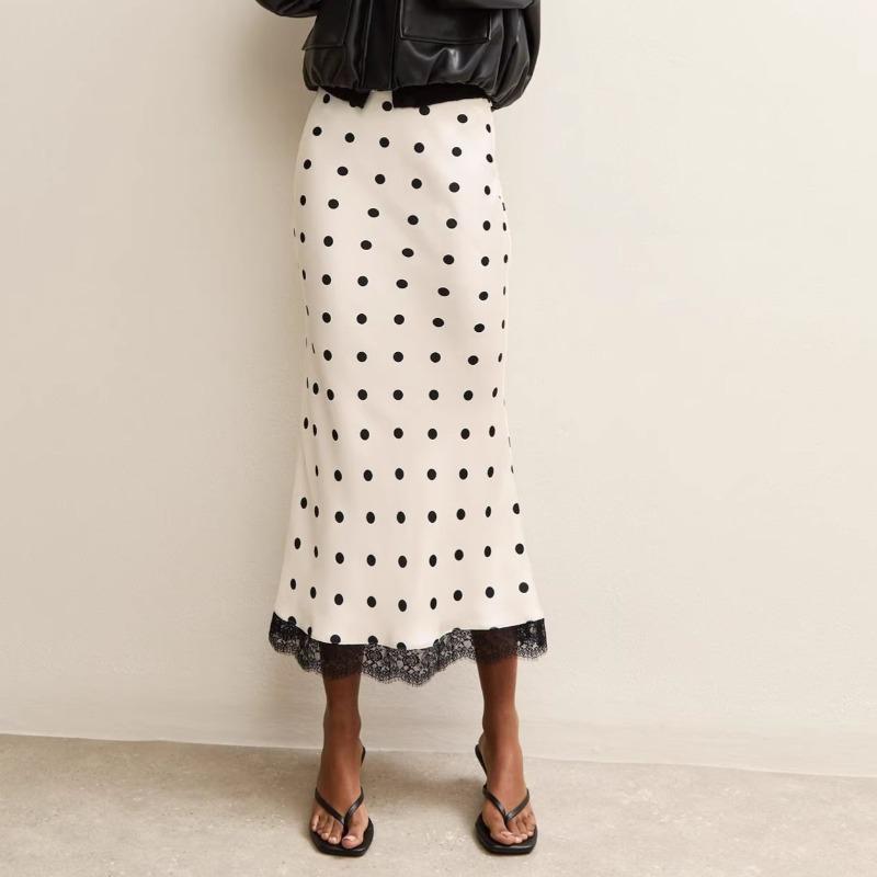 Qooth Lace Patchwork Polka Dot Straight Midi Skirt High-Waist Slimming Half Skirt Fashionable Retro Women's Skirt