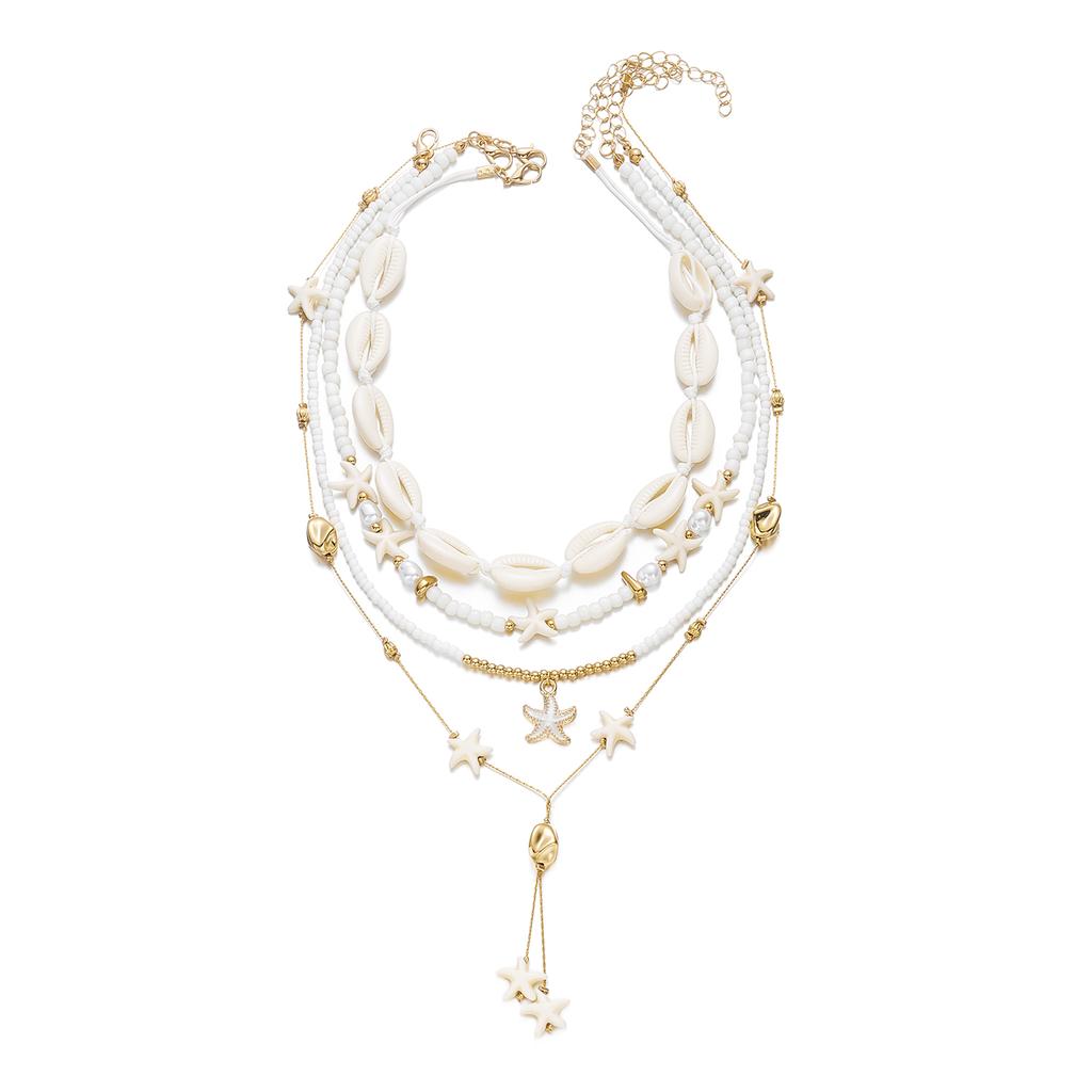 Shell Starfish Seed Bead Long Necklace 4-Piece Set Beach Vacation Style Stacking Designer Imitation Pearl Collarbone Chain