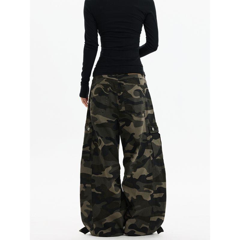 Kisko American-Style Washed Vintage Camouflage Multi-Pocket Cargo Pants Unisex Trendy Loose Straight-Leg Casual Knife-Cut Pants