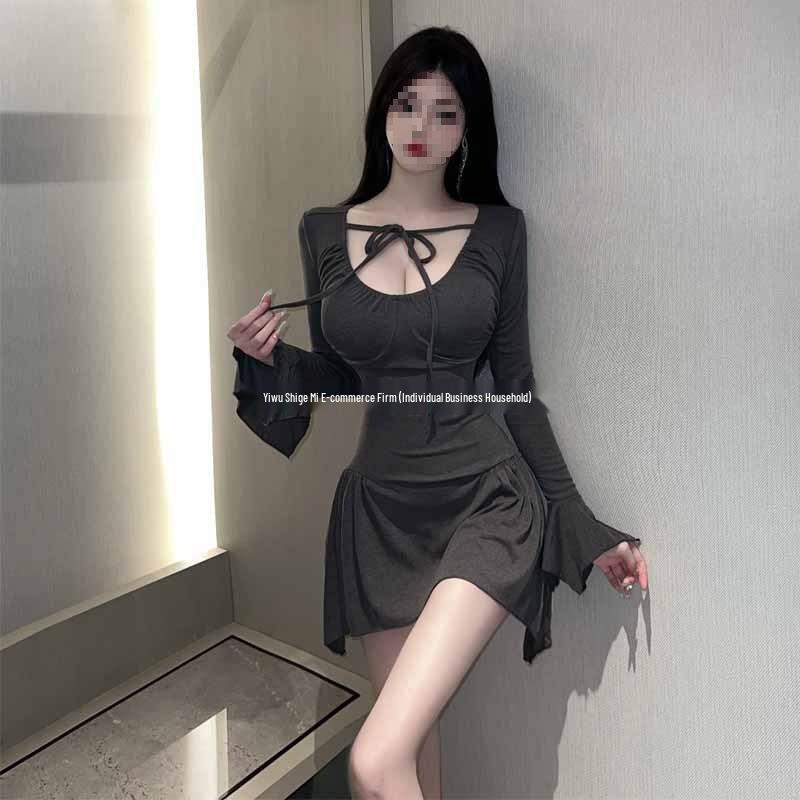 2024 Pure Desire Low-Cut Lace-Up Slim Long-Sleeve Dress