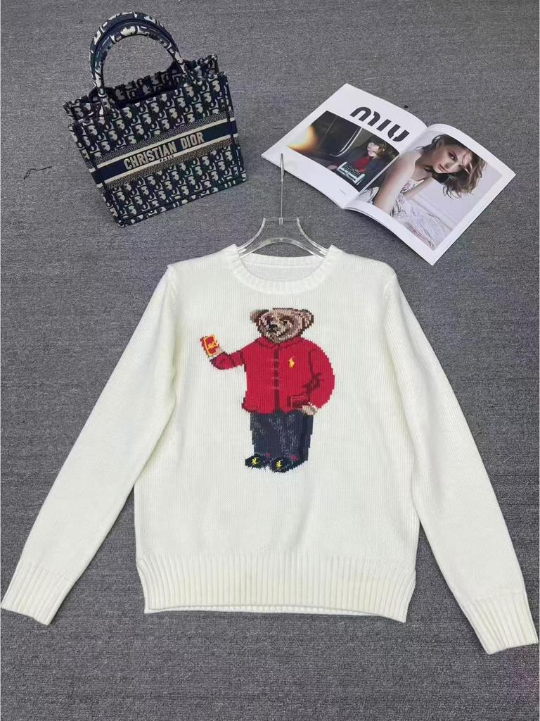 2025 R.L Wool Blend Cartoon Bear Round Neck Sweater - Women's Autumn/Winter Versatile Embroidered Style