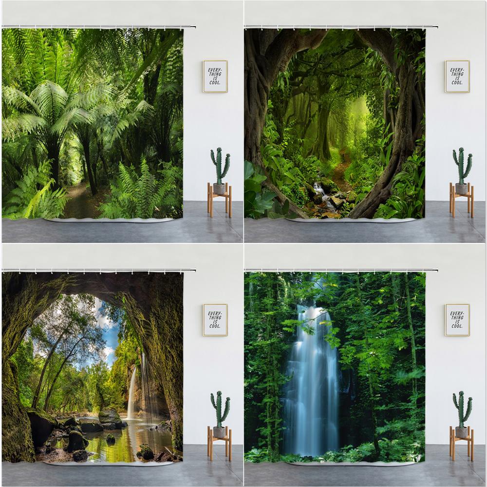 Tropischer Regenwald Landschaft Duschvorhänge Wald Wasserfall Schöne Naturszenerie Luxuriöse Badezimmer Dekoration Bildschirm Mit Haken