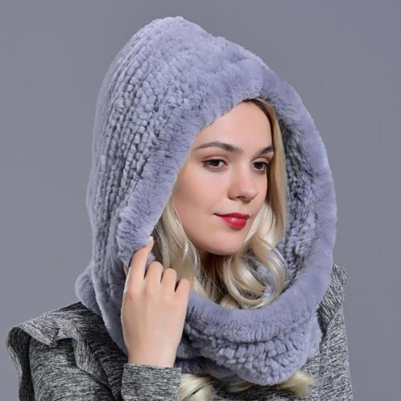 Rabbit fur hood Volume hats for women winter warm novelty knitted fur scarf hat stylish fashionable genuine large female fur hat